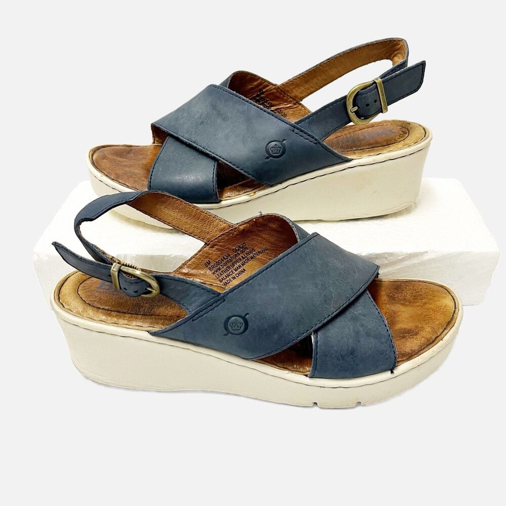 Born Mia Blue Leather Wedged Slingback Sandals Size 8M